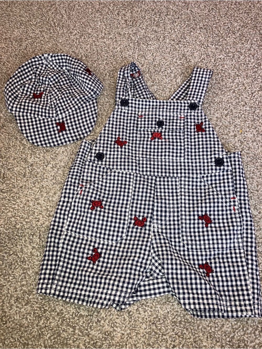 Vintage B.T. Kids Embroidered Crab Shortall and Matching Hat